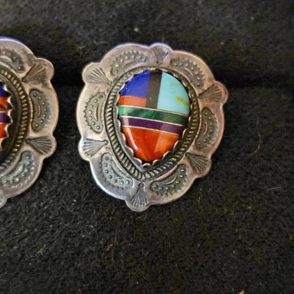 Intricate Vintage Native American Navajo Turquoise QT Sterling Silver Earring - Picture 4 of 6